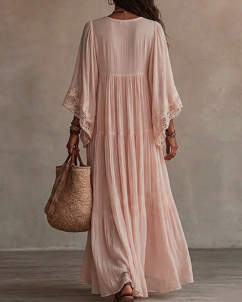 V-Neck Lace Patchwork Solid Color Dress