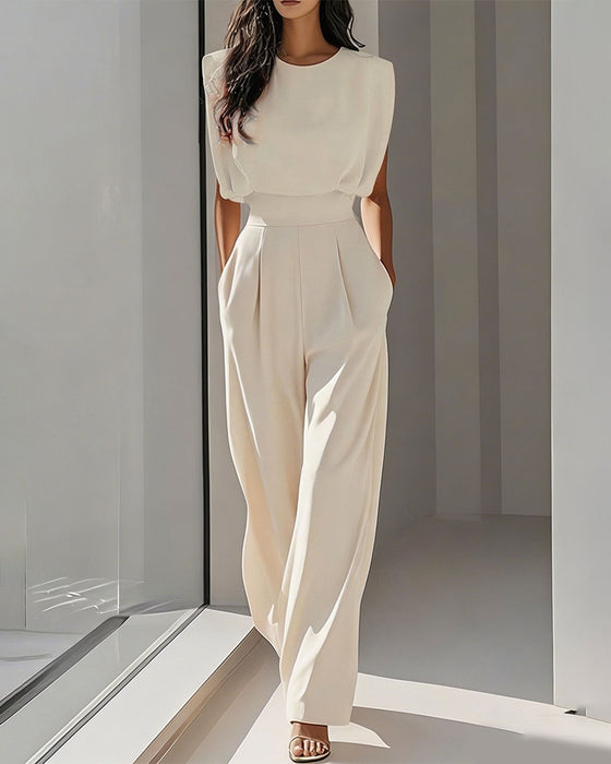 Solid Casual Belted Jumpsuit
