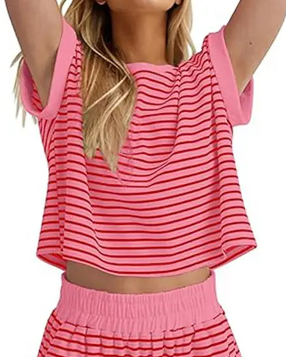 Striped Short Sleeve Shorts Set