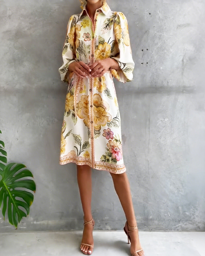 French Lantern Sleeve Notched Collar Printed Dress