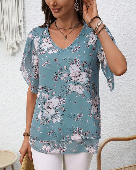 Petal Sleeve V-Neck Printed Blouse