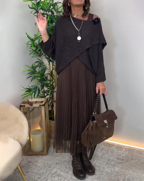 Elegant Asymmetric Sweater & Lace Skirt Set