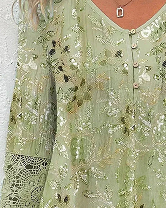Lace Patchwork Floral V-Neck Blouse
