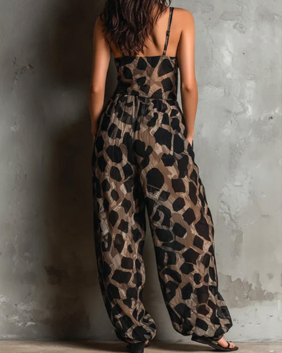 Leopard Print Suspender Wide Leg Jumpsuit