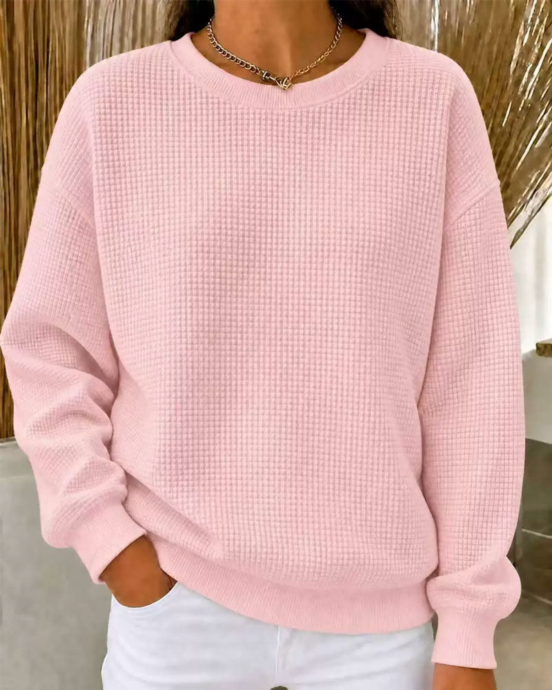 Waffle Knit Solid Crewneck Top