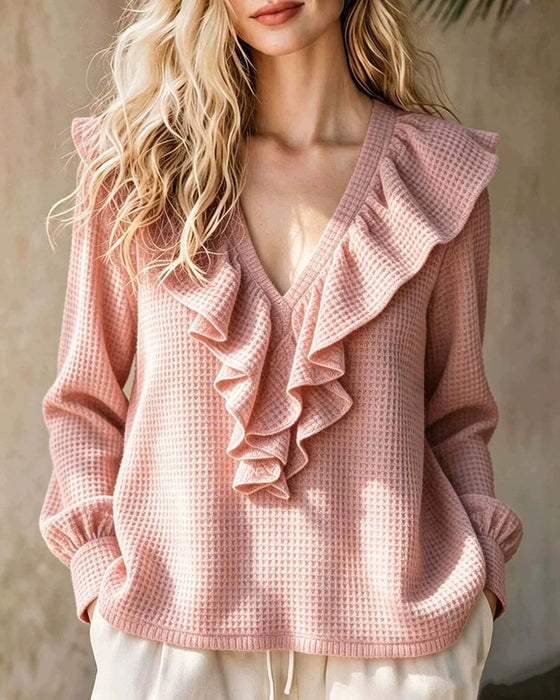 Waffle Knit V-Neck Ruffle Blouse