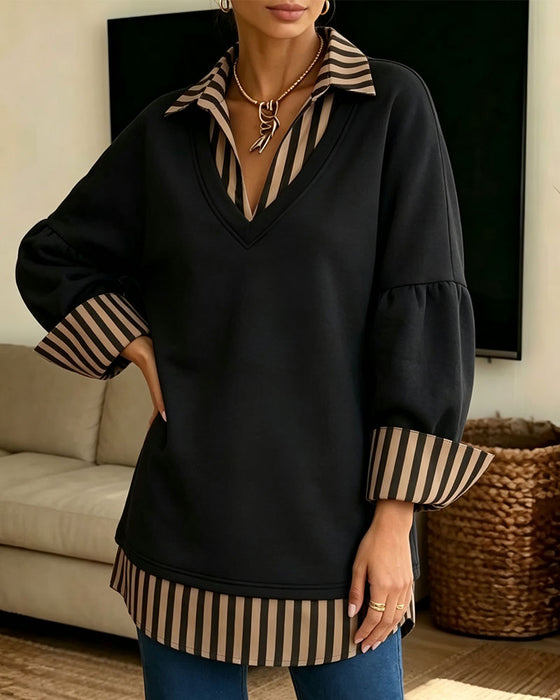 Lapel Striped Patchwork Loose Sweatshirt