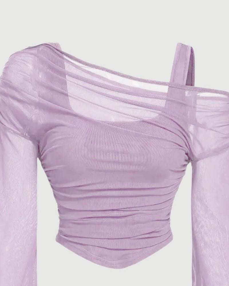 Mesh Ruffled Long Sleeve Cami Blouse