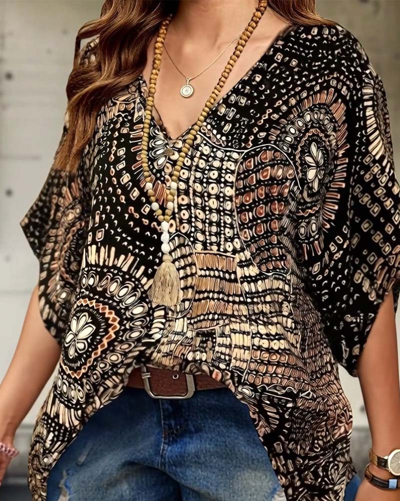 V-Neck Printed Batwing Blouse