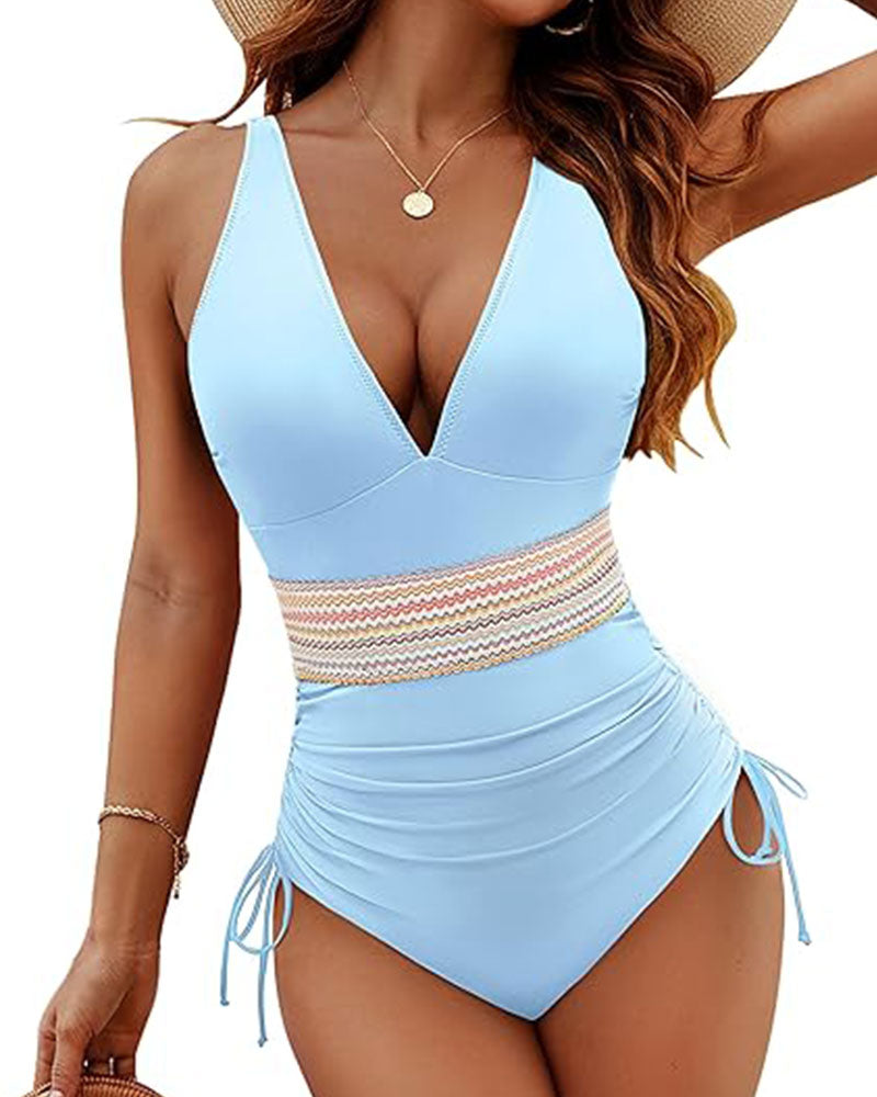 Women Tummy Control Drawstring One Piece Slimming Modest Swimsuit