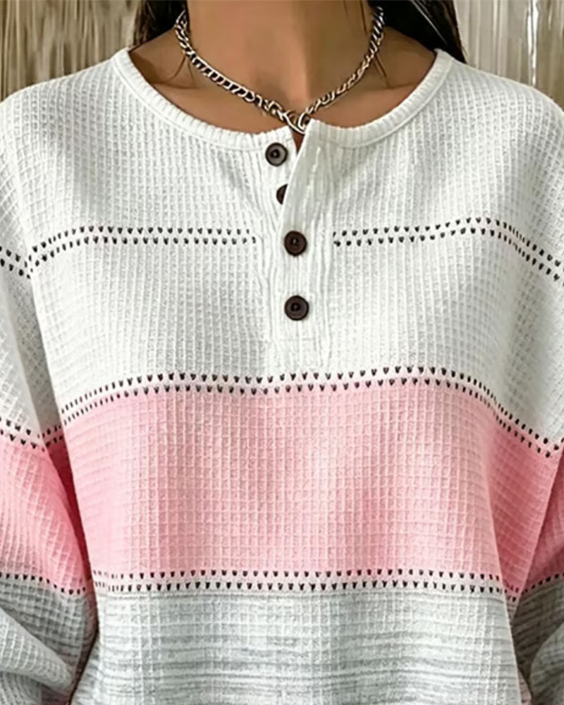 Color-Block Crew Neck Button Waffle Sweatshirt