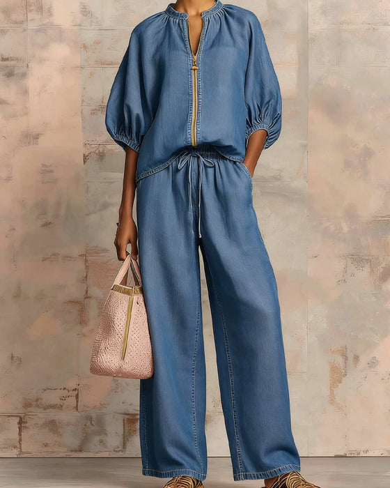 Zipper Crewneck Top Wide Leg Pants Two-Piece Sets