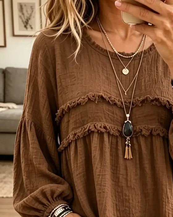 Solid Shirred Casual Blouse