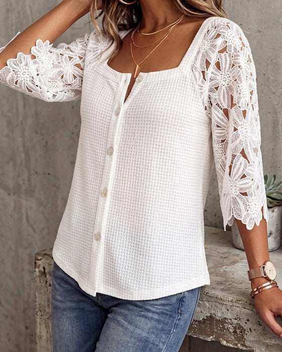 Lace Panel Waffle-Knit Button-Front Blouse