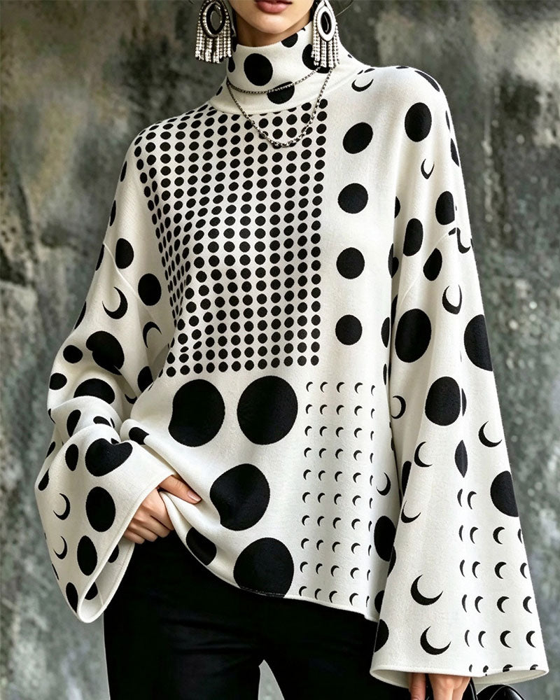 High Neck Polka Dot Flare Sleeve Top