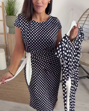 Polka Dot Lace-Up Waist Dress