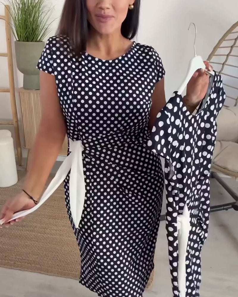 Polka Dot Lace-Up Waist Dress