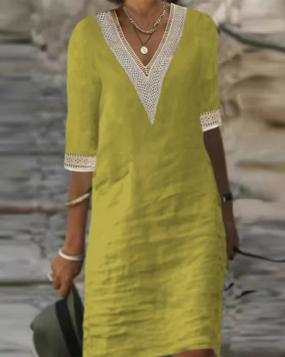 Three-Quarter Sleeve V-Neck Lace Patchwork Dress