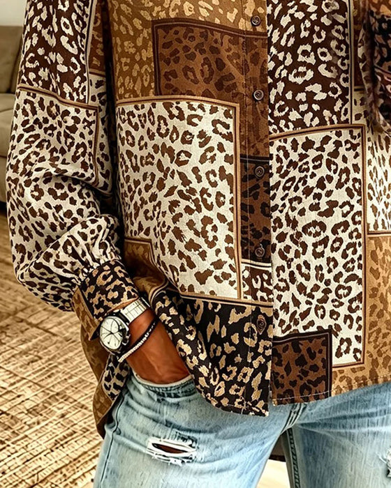 Lapel Button Leopard Plaid Shirt|