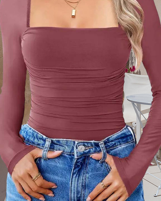 Square Neck Mesh Panel Long Sleeve Top