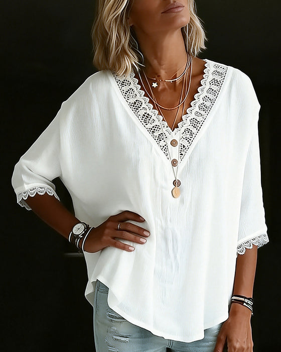 Lace V-Neck Three-Quarter Sleeve Blouse