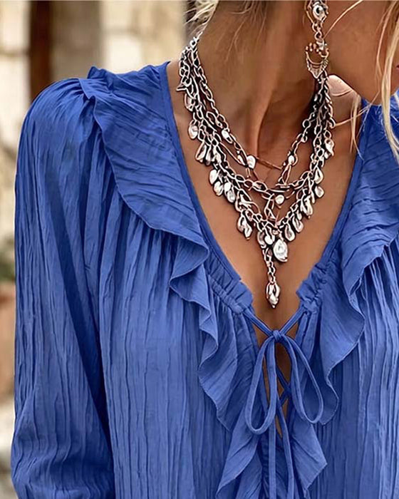 Ruffle Trim Lace-Up Long Sleeve Blouse