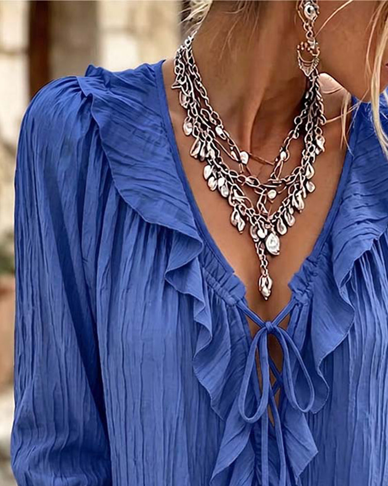 Ruffle Trim Lace-Up Long Sleeve Blouse