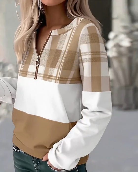Casual Plaid Contrast Color Sweatshirt
