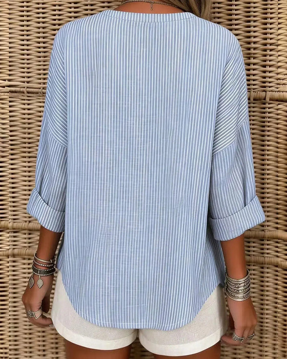 V-Neck Stripe Irregular Long Sleeve Top