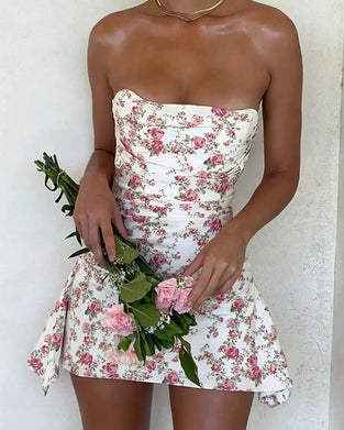 Tiny Floral Ruched Slimming Strapless Dress