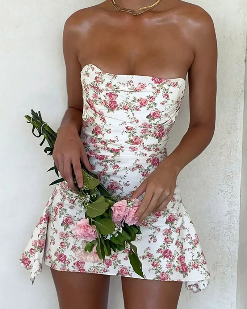 Tiny Floral Ruched Slimming Strapless Dress