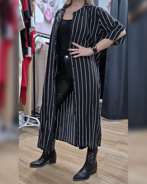 Shirt Collar Button Stripe Slit Coat