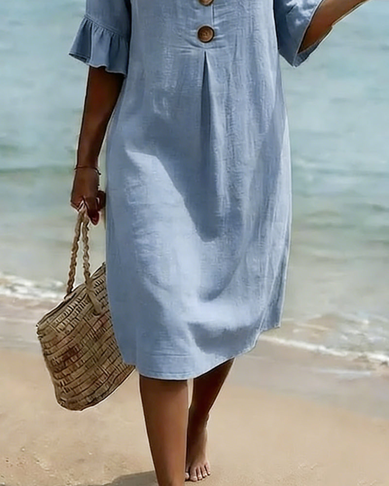 Button Ruffle Sleeve 100% Cotton Dress