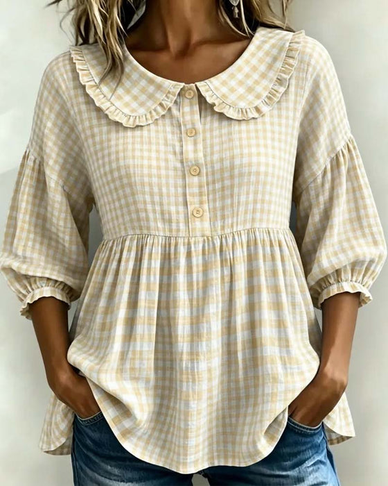 Peter Pan Collar Plaid Waist-Cinching Blouse