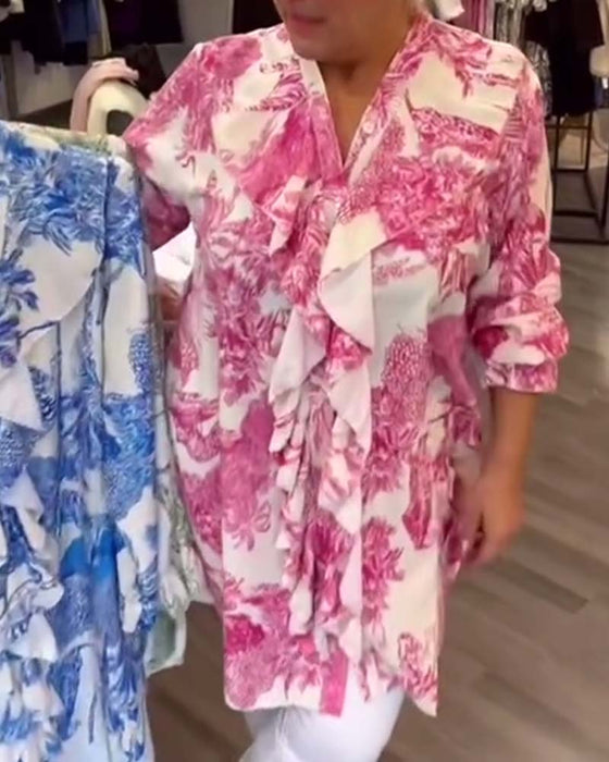 Gentle printed ruffle casual blouse