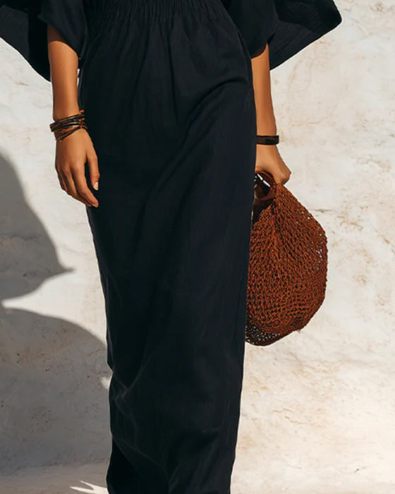 Flared Batwing Sleeve Fitted Waist Long Dress