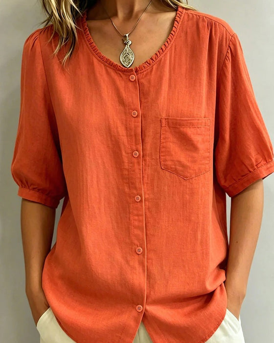 Ruffle Trim Button Pocket Blouse