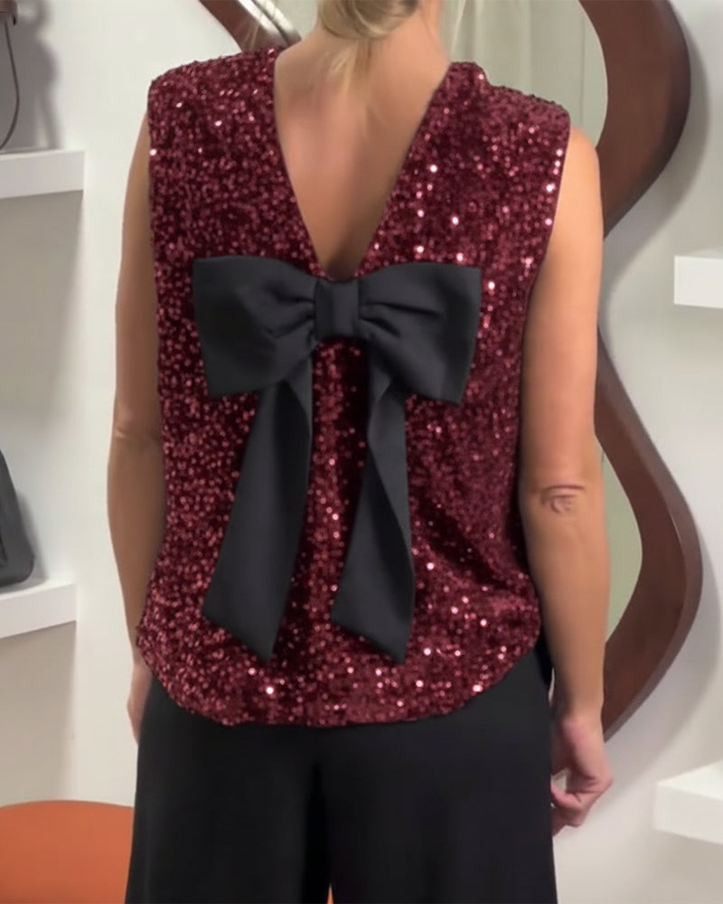 Fashionable Bow Sequin Tank Top