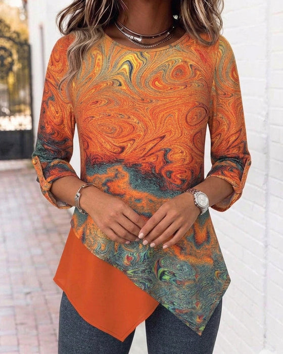 Crew Neck Color Block Asymmetric Top