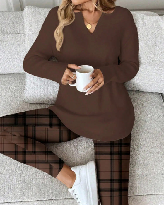 V-Neck Solid Top + Plaid Pants Loungewear Set