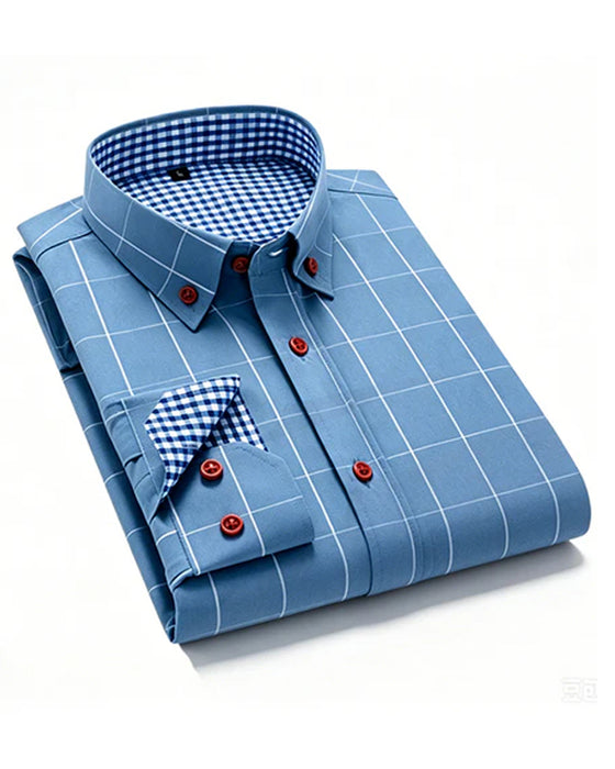 Blue and White Check Lapel Long Sleeve Shirt