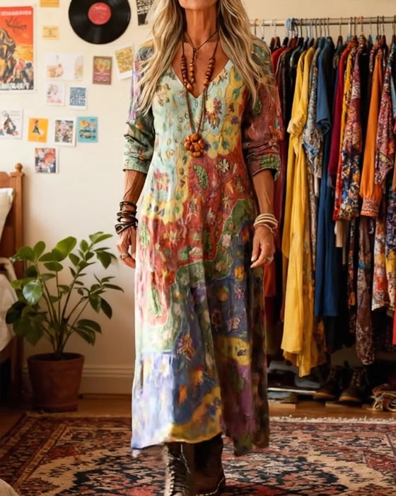 Oil Painting-Style V-Neck Dress