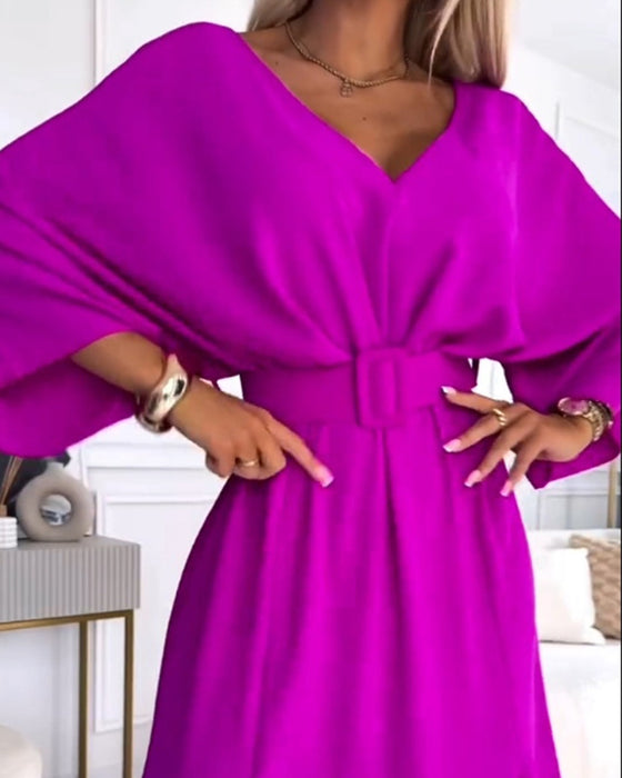 Elegant solid color V-neck slit long sleeve dress