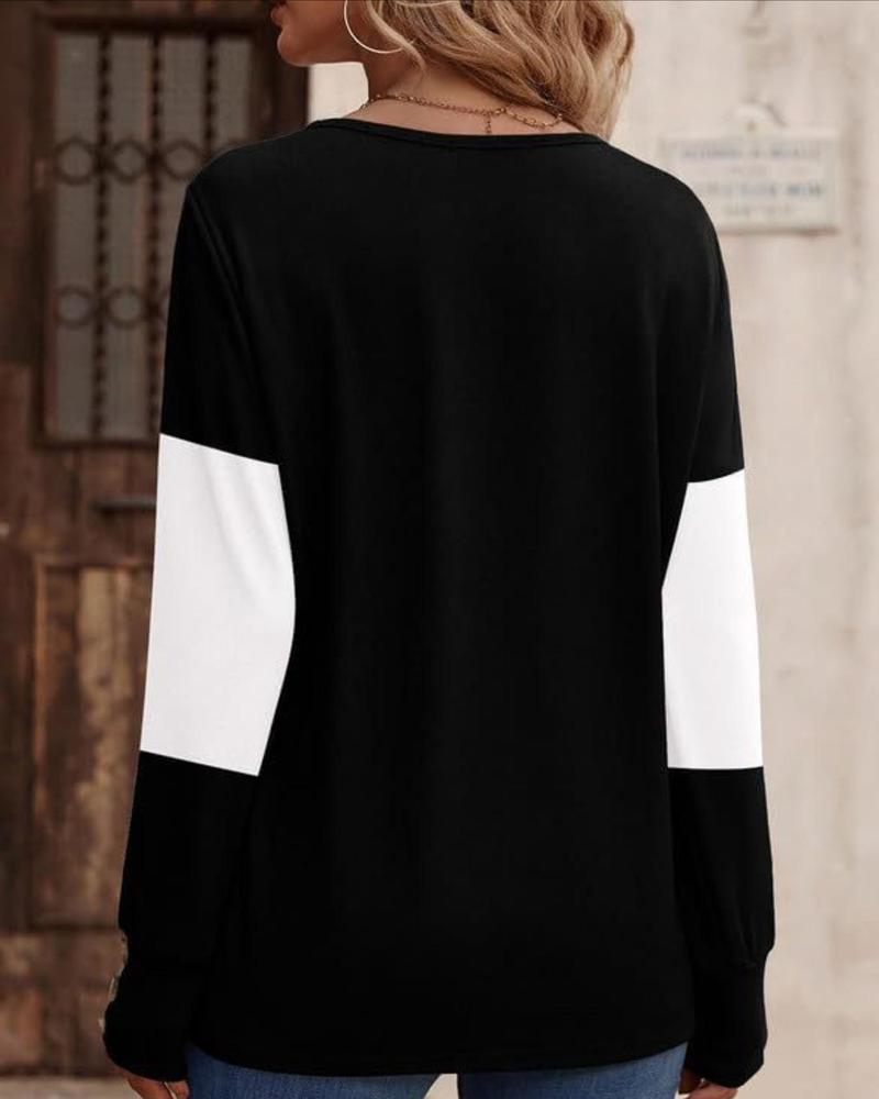 Women's Colorblock Print Button Decor Drop Shoulder Tee