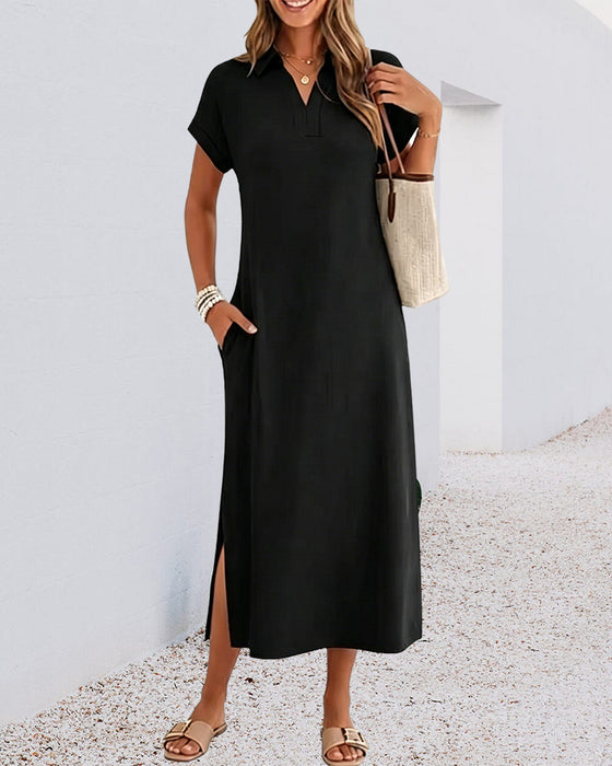 Polo Collar Slit Draped Knit Dress