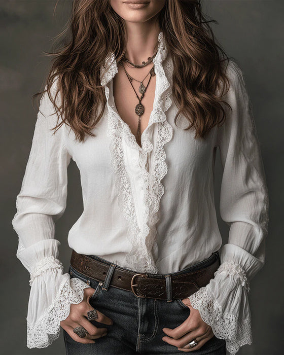 Lace Ruffle Bell Sleeve Blouse