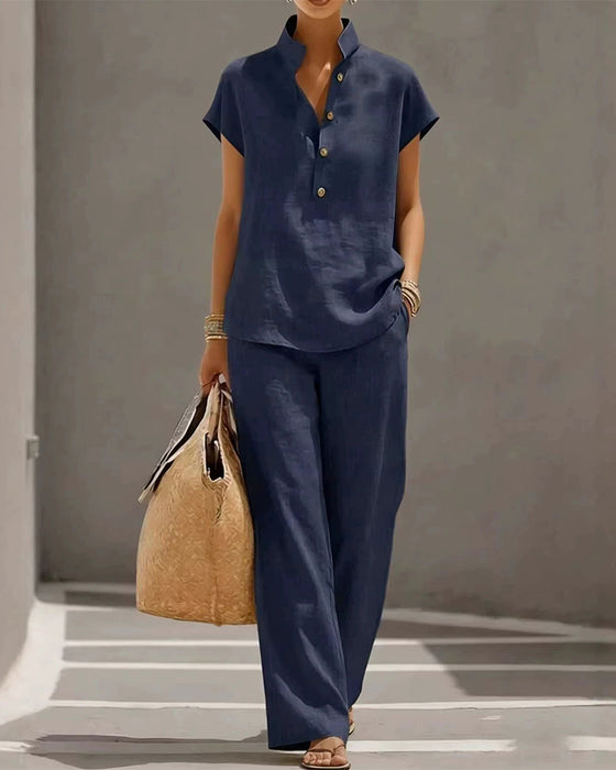 Stand-Collar Button Short-Sleeve And Long Pants Set