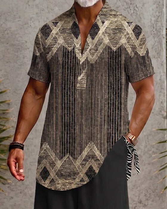 V-Neck Striped Men's Short Sleeve Blouse