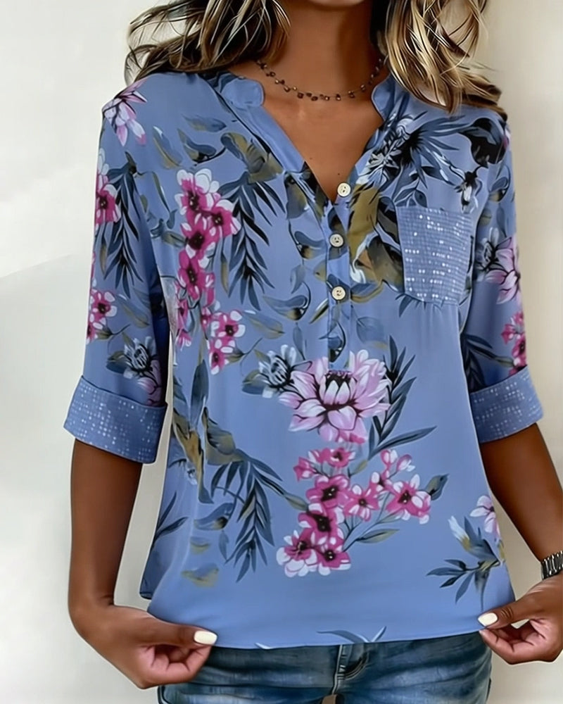 V-Neck Sequined Floral Blouse