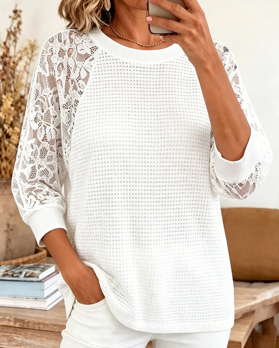 Three-Quarter Sleeve Lace Panel Blouse